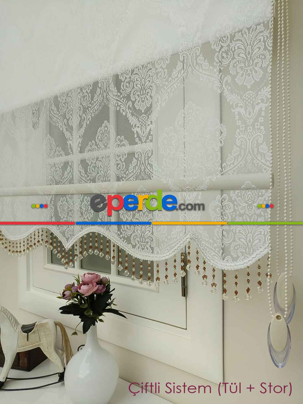 ***taç*** Çiftli Sistem Tül Ve Stor Perde - Büyük Damask- Krem Açık-ekru